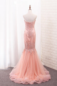 2024 Tulle Prom Dresses Mermaid Sweetheart With Applique Sweep Train