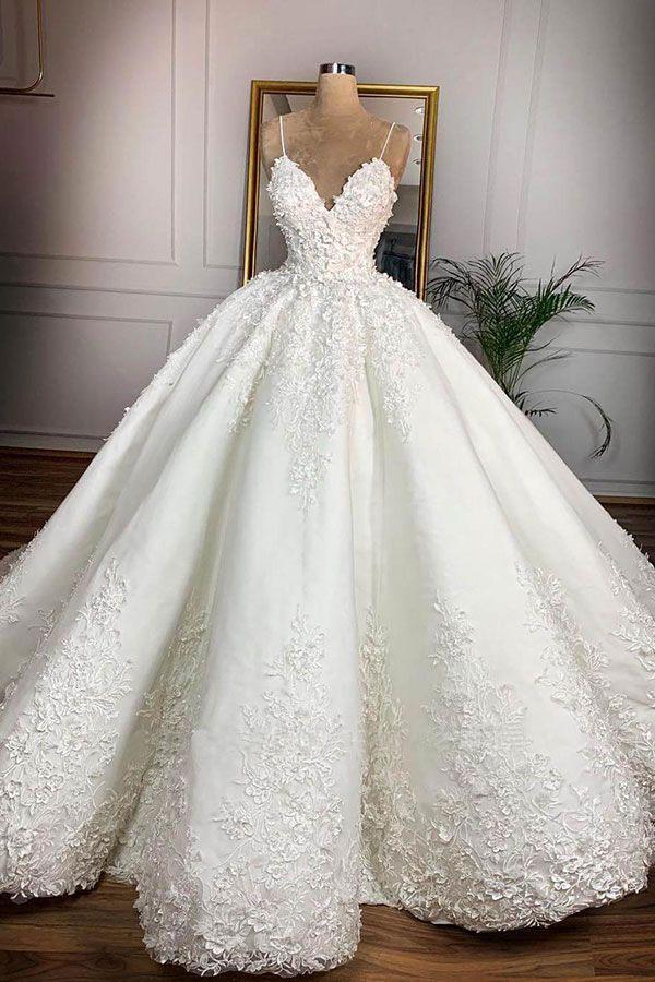 Ball Gown Spaghetti Straps Appliques Satin Wedding Dresses, Quineanera SRS20455