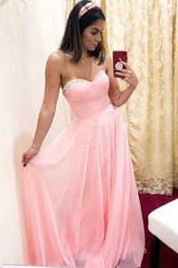 A line Beads Sweetheart Chiffon Long Prom Dresses Pink Bridesmaid Dresses