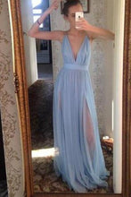 Load image into Gallery viewer, Sky Blue Floor Length Deep V neck Prom dress FS201