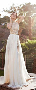 2024 Sexy Lace Backless Long Chiffon High Neckline Halter Side Slit Prom Dress Wedding Dress