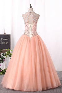2023 Ball Gown High Neck Quinceanera Dresses Tulle With Applique Lace Up