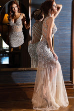 Load image into Gallery viewer, 2024 V Neck Mermaid Tulle Prom Dresses With Beading Sweep Train