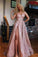 Sexy Rose Gold Spaghetti Straps V Neck Prom Dresses with Side Slit, Sequins Prom Gowns SRS15350