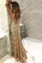 Load image into Gallery viewer, Sparkly Open Back Sequin Shiny Sheath Long Champagne Prom Dresses
