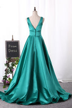 Load image into Gallery viewer, 2024 A Line Evening Dresses V Neck Satin Sweep Train Open Back