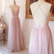 Load image into Gallery viewer, Simple A-line V-neck Long Pink Prom Dress with Criss Cross Back Prom Dresses RS783