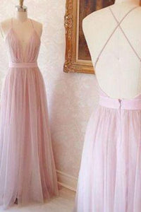 Simple A-line V-neck Long Pink Prom Dress with Criss Cross Back Prom Dresses RS783