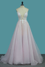Load image into Gallery viewer, 2023 A Line Organza Spaghetti Straps Wedding Dresses With Applique And Beads Open Back