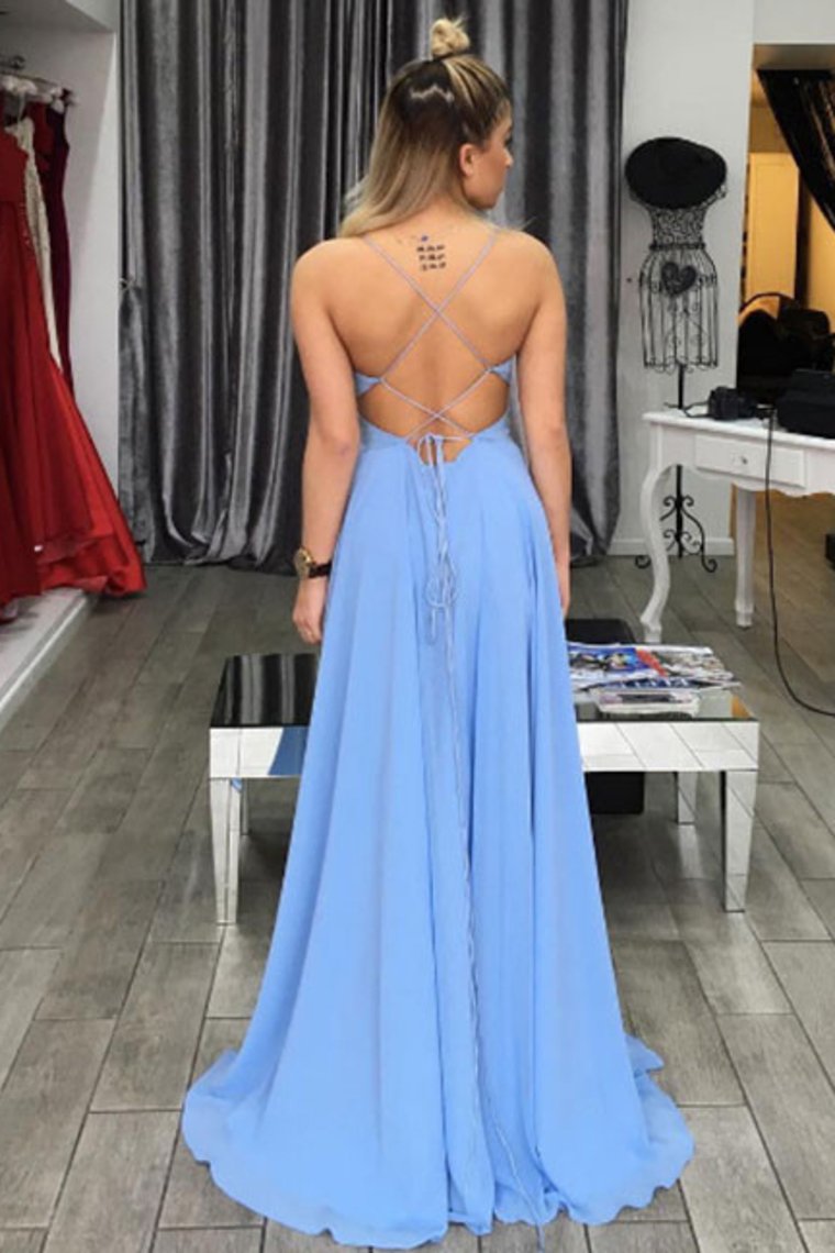 2024 Chiffon Spaghetti Straps A Line Prom Dresses With Slit Open Back