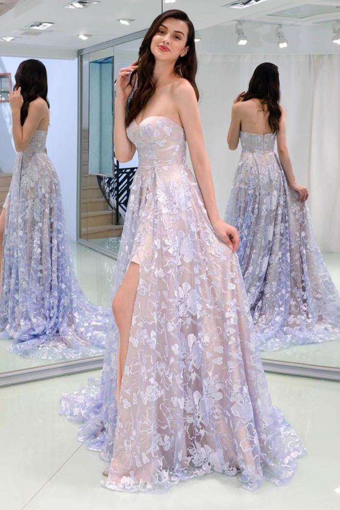 Charming Sweetheart Strapless Lace Appliques Lilac Prom Dresses with SRS15632