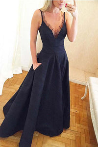 Simple Spaghetti Straps Dark Blue Formal Dresses Long Prom Dresses