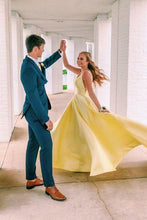 Load image into Gallery viewer, Unique A Line Yellow Satin Prom Dresses with Pockets, Simple Formal SRS15680