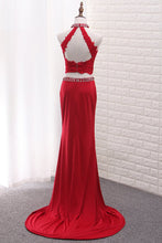 Load image into Gallery viewer, 2023 Two Pieces High Neck Spandex Prom Dresses With Applique And Beads Sweep Train