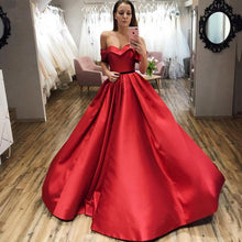 Load image into Gallery viewer, Red Ball Gown Off the Shoulder V Neck Satin Prom Dresses, Evening SRS15660