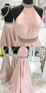 Pink Backless Beaded Prom Dress Halter Prom Dress Custom Made Evening Dress 17014