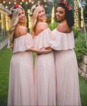 Load image into Gallery viewer, Simple Pink Off the Shoulder Pink Ruffles Long Bridesmaid Dresses GD00003