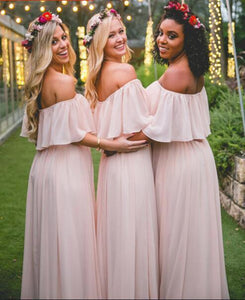 Simple Pink Off the Shoulder Pink Ruffles Long Bridesmaid Dresses GD00003