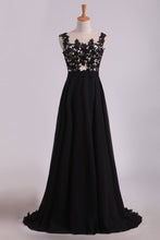 Load image into Gallery viewer, 2024 Cap Sleeves Prom Dresses Scoop Floor Length Chiffon With Applique