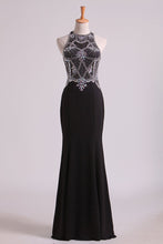 Load image into Gallery viewer, 2024 Black Prom Dresses Scoop Beaded Bodice Floor Length Spandex Sheath