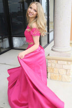 Load image into Gallery viewer, Beautiful Fuchsia 2 Pieces Lace Beading Satin Long Prom Dresses