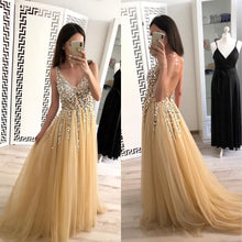 Load image into Gallery viewer, Simple A Line Tulle Beads V Neck Straps Backless Prom Dresses Long Evening Dresses RS681