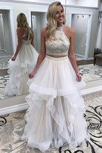 Load image into Gallery viewer, A line Ivory Beads Halter Ruffles Prom Dresses Long Open Back Party Dresses RS693