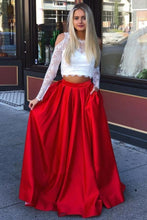 Load image into Gallery viewer, A Line Red and White Long Sleeve Satin Two Piece Prom Dresses with Pockets RS729