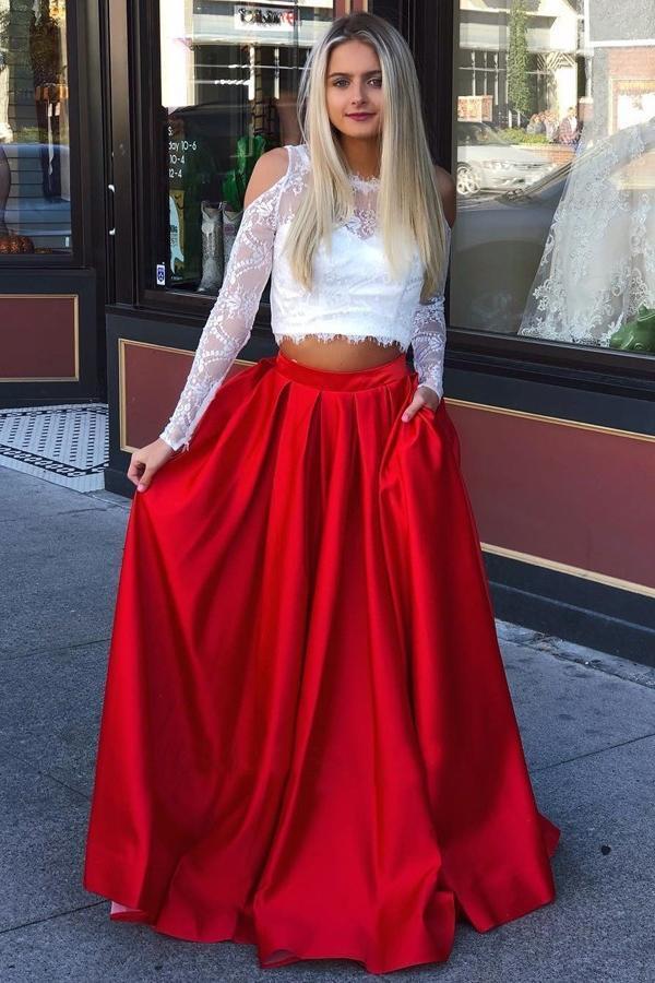 A Line Red and White Long Sleeve Satin Two Piece Prom Dresses with Pockets RS729
