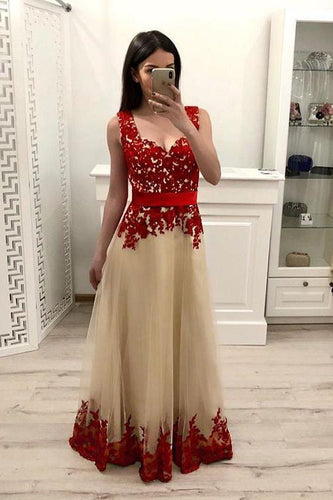A line Tulle Red Lace Appliques V Neck Prom Dresses with Tulle Long Evening Dresses RS727