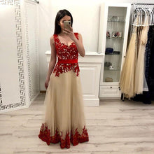 Load image into Gallery viewer, A line Tulle Red Lace Appliques V Neck Prom Dresses with Tulle Long Evening Dresses RS727
