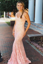 Load image into Gallery viewer, Sexy Blush Pink Mermaid Lace V Neck Prom Dresses with Beading Party Dresses RS728