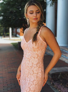 Sexy Blush Pink Mermaid Lace V Neck Prom Dresses with Beading Party Dresses RS728