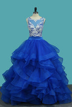 Load image into Gallery viewer, 2024 Scoop A Line Tulle Prom Dresses With Applique Floor Length