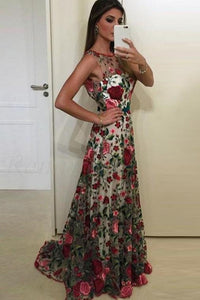 2024 Beautiful Prom Dresses Scoop Aline Rose Floral Embroidery Lace Prom Dress