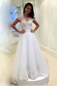 2023 A Line V Neck Wedding Dresses Tulle With Applique And Sash Sweep Train
