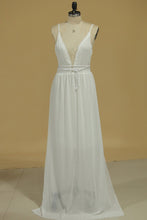 Load image into Gallery viewer, 2024 A Line Deep V Neck Prom Dresses With Beads And Slit Chiffon