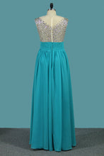 Load image into Gallery viewer, 2023 Chiffon A Line Scoop Prom Dresses With Beaded Bodice And Ruffles