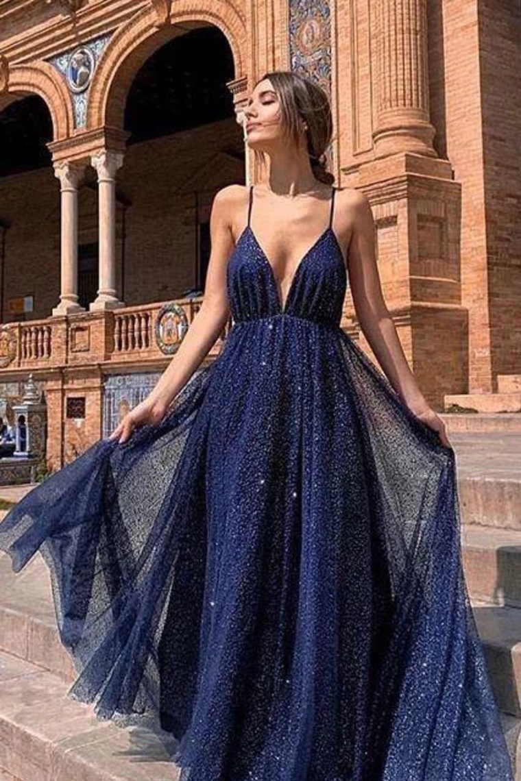 Sexy A Line Spaghetti Straps Deep V Neck Sequins Backless Long Prom SRSPKP1S9T2