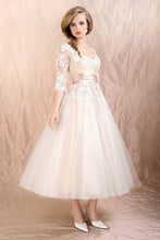 Load image into Gallery viewer, 2024 Prom Dresses Scoop A Line With Applique And Ribbon Tea Length
