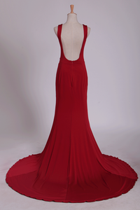 2024 Sexy Open Back Evening Dresses Mermaid V Neck Spandex Sweep Train