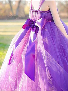 Princess Purple Ball Gown Square Neck Layers Tulle Flower Girl Dresses, Bowknot Baby Dresses SRS15304