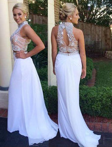 Fabulous Two Piece High Neck Mermaid White Prom Dress with Beading Open Back RS606