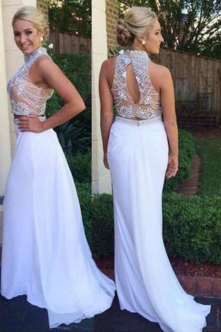 Fabulous Two Piece High Neck Mermaid White Prom Dress with Beading Open Back RS606