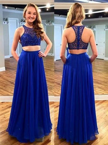 Stunning Two Piece Jewel Sleeveless Floor-Length Royal Blue Prom Dress with Beading RS598