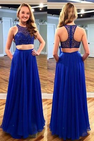 Stunning Two Piece Jewel Sleeveless Floor-Length Royal Blue Prom Dress with Beading RS598
