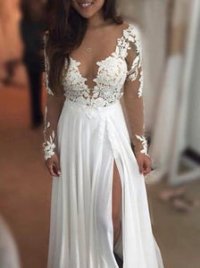 Sexy Long Sleeves Floor-Length Jewel Illusion Neck Prom Dress with Lace Top