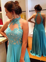Load image into Gallery viewer, Stylish Halter Floor-Length Open Back Prom Dress with Beading Lace Top Prom Dresses RS584