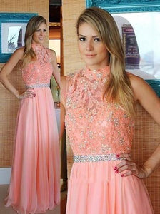 Nectarean High Neck Floor-Length Sleeveless Peach Prom Dress with Beading Lace Top RS585