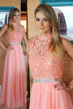 Load image into Gallery viewer, Nectarean High Neck Floor-Length Sleeveless Peach Prom Dress with Beading Lace Top RS585